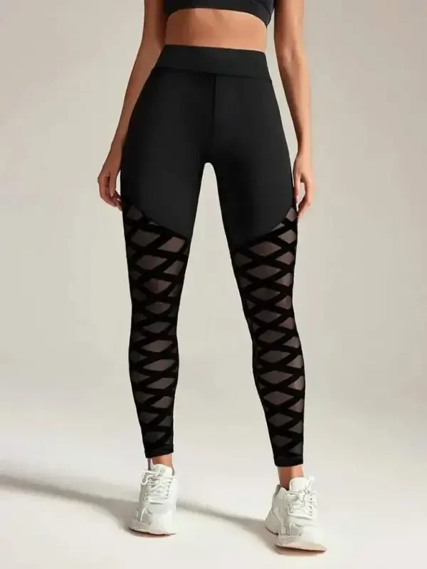 Women's High Waist Crisscross Pattern Tulle Detailed Sports Diver Leggings - 5