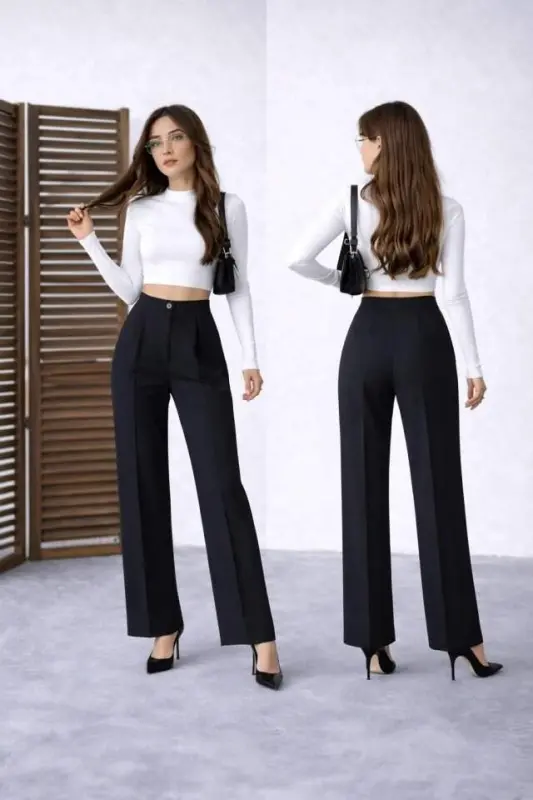 Women's High Waist Double Fabric Palazzo Trousers - 1