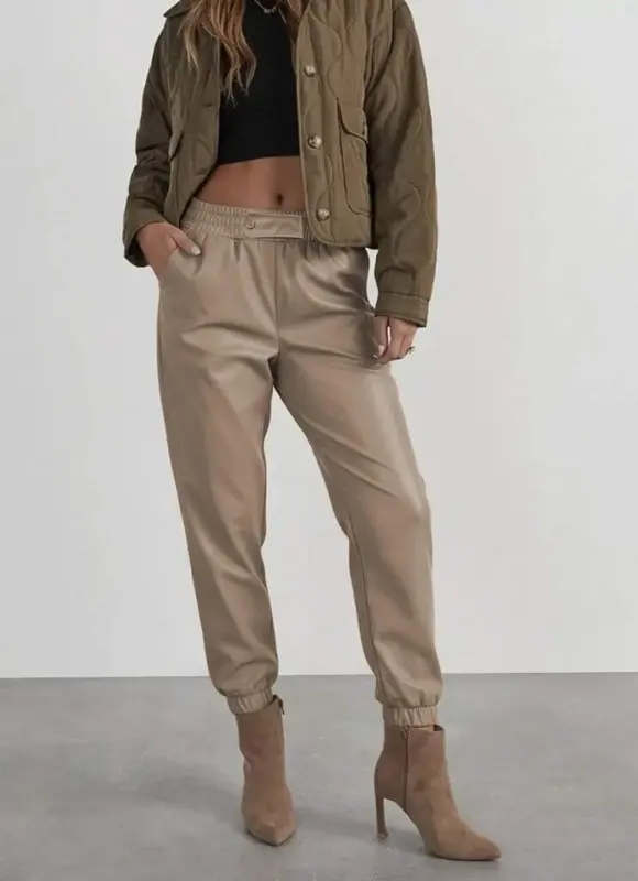 Women's High Waist Elastic Front Buttoned Leather Trousers - 1