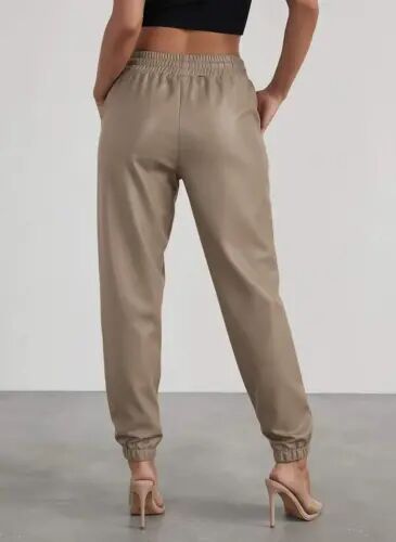 Women's High Waist Elastic Front Buttoned Leather Trousers - 3