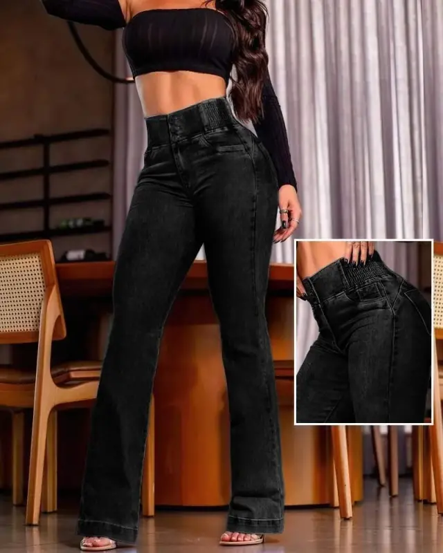 Women's High Waist Elastic Side Buttoned Front Jeans - BÜYÜKBEDENIZ