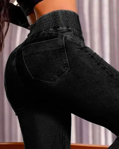 Women's High Waist Elastic Side Buttoned Front Jeans - 3