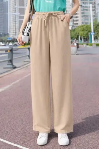 Women's High Waist Elastic Waist Belted Straight Leg Aerobin Trousers - 1