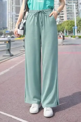 Women's High Waist Elastic Waist Belted Straight Leg Aerobin Trousers - 1