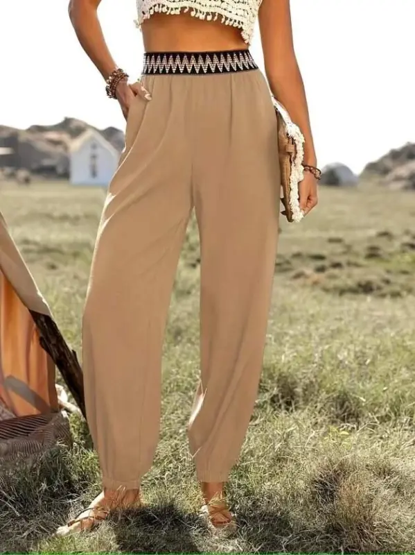Women's High Waist Elastic Waist Flowy And Striped Waist Pera Trousers - 2
