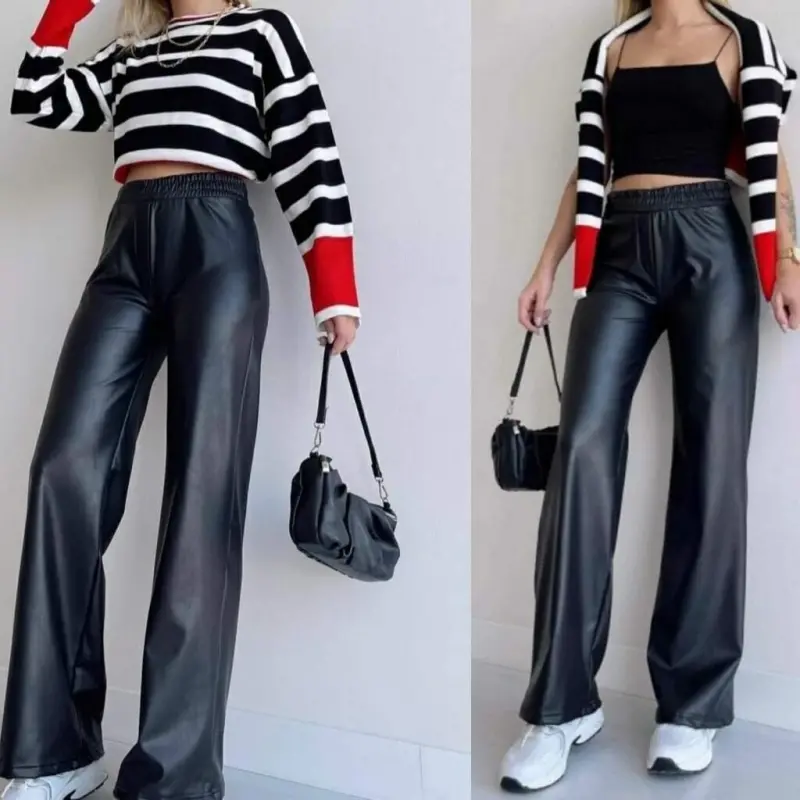 Women's High Waist Elastic Waist Wide Leg Leather Pants - 1