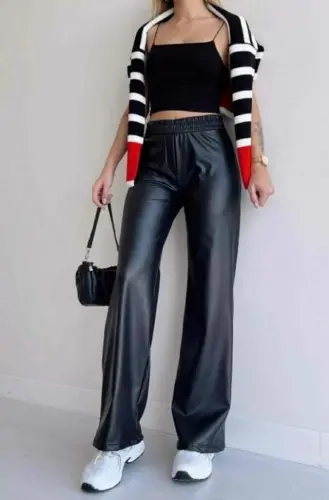 Women's High Waist Elastic Waist Wide Leg Leather Pants - BÜYÜKBEDENIZ (1)