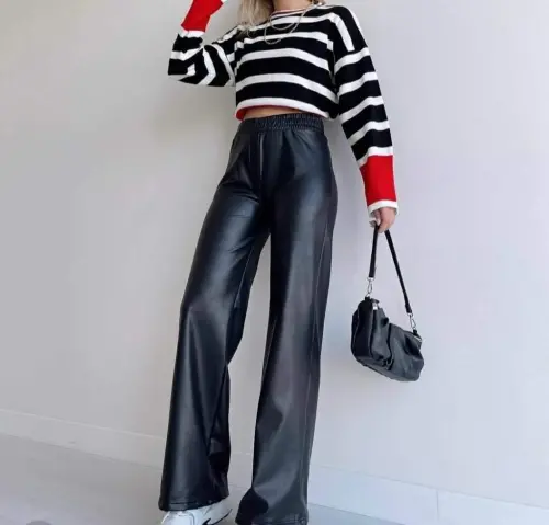 Women's High Waist Elastic Waist Wide Leg Leather Pants - 3