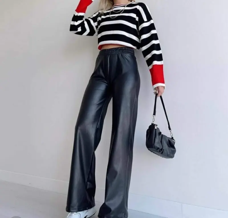 Women's High Waist Elastic Waist Wide Leg Leather Pants - 3