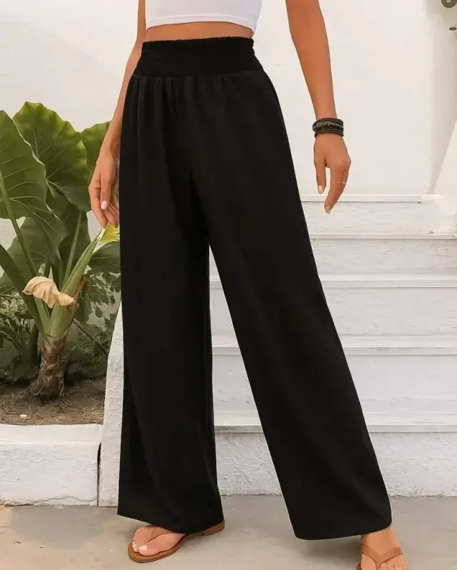 Women's High Waist Elastic Waistband Imported Crepe Pants - 1