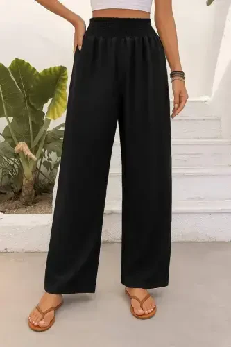 Women's High Waist Elastic Waistband Imported Crepe Pants - 3