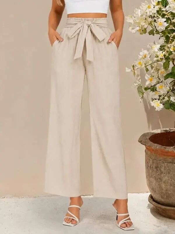 Women's High Waist Elasticated Drawstring Long Wide Cut Detailed Crinkle Trousers - 1