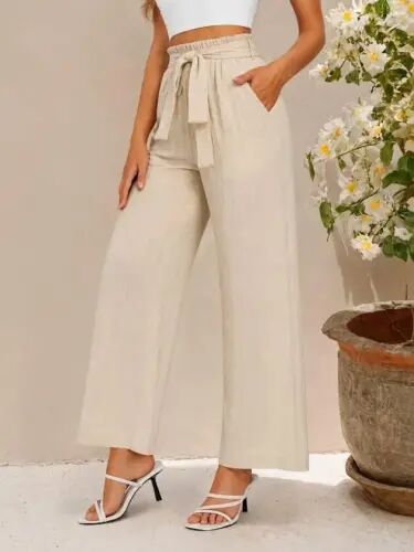 Women's High Waist Elasticated Drawstring Long Wide Cut Detailed Crinkle Trousers - 2