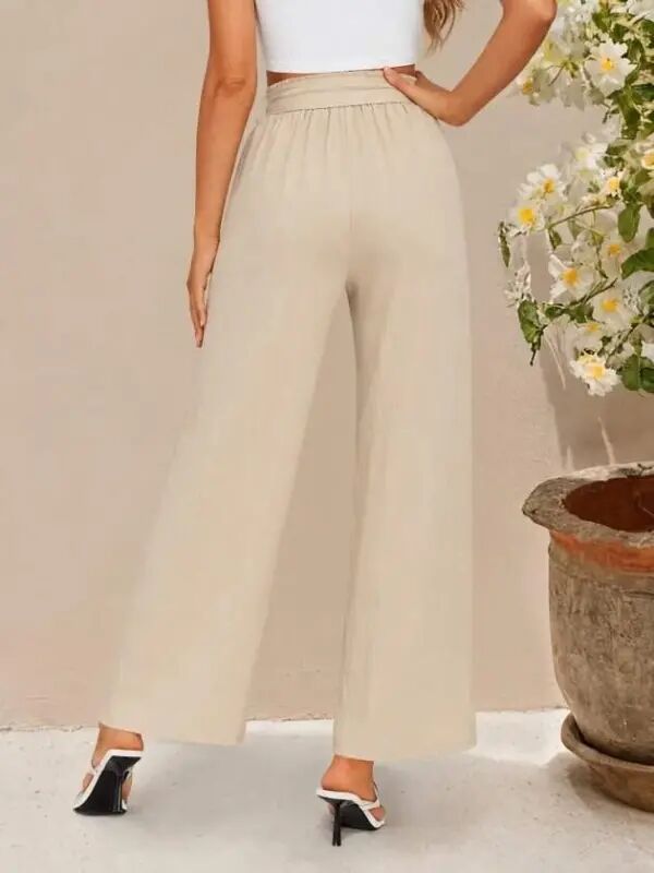 Women's High Waist Elasticated Drawstring Long Wide Cut Detailed Crinkle Trousers - 3