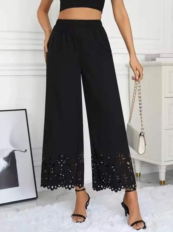 Women's High Waist Elasticated Waist Floral Pattern Laser Cut Detailed Imported Crepe Trousers - 1