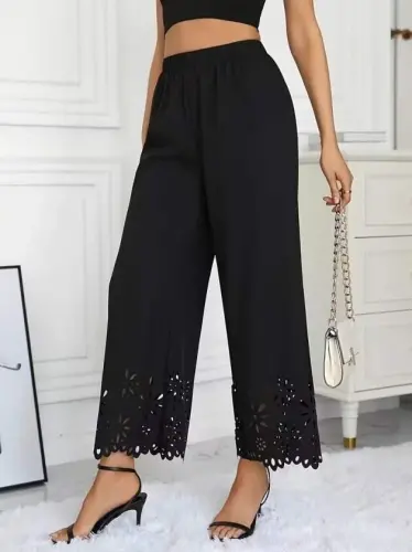 Women's High Waist Elasticated Waist Floral Pattern Laser Cut Detailed Imported Crepe Trousers - BÜYÜKBEDENIZ (1)