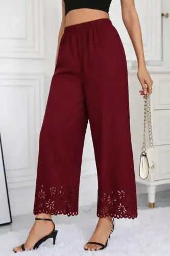 Women's High Waist Elasticated Waist Floral Pattern Laser Cut Detailed Imported Crepe Trousers - 1