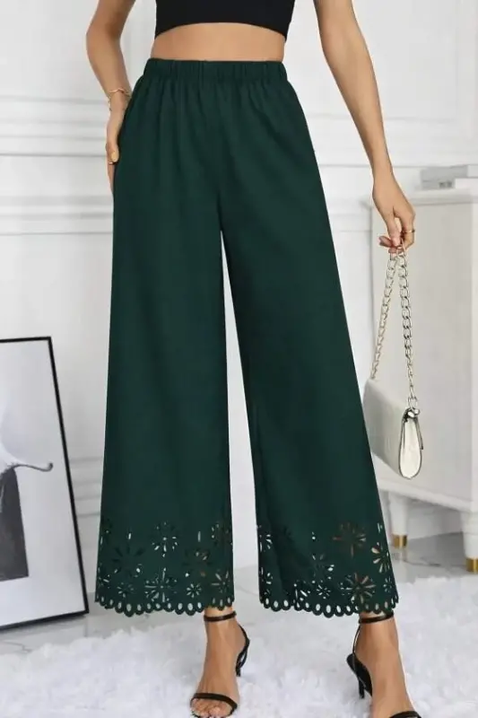 Women's High Waist Elasticated Waist Floral Pattern Laser Cut Detailed Imported Crepe Trousers - BÜYÜKBEDENIZ