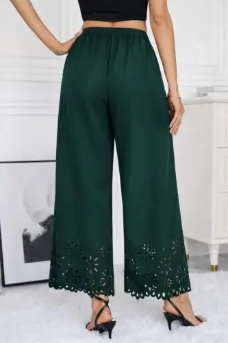 Women's High Waist Elasticated Waist Floral Pattern Laser Cut Detailed Imported Crepe Trousers - 4