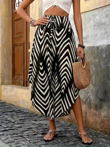 Kadın Yüksek Bel Beli Lastikli Bağcıklı Yanlardan Açık Uzun Süprem Etek - 1