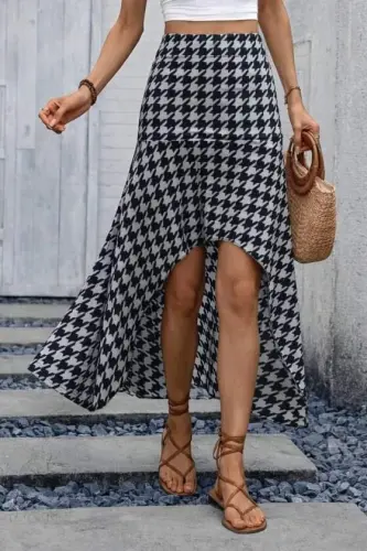 Women's High Waist Floral Pattern Front Asymmetric Detail Long Single Jersey Skirt - 3