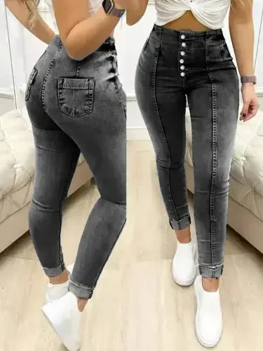 Women's High Waist Front Buttoned Jean Pants - 1