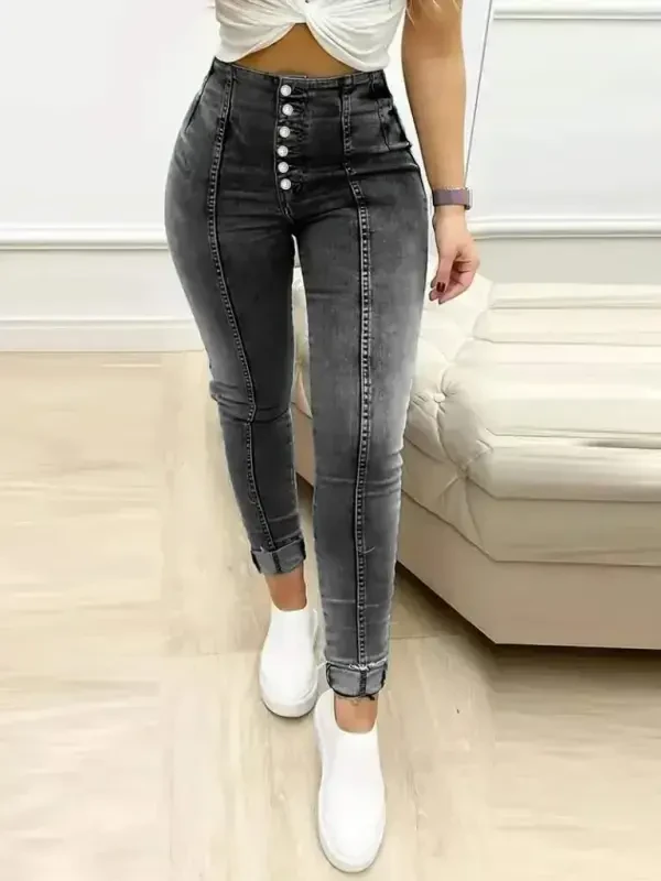 Women's High Waist Front Buttoned Jean Pants - 2