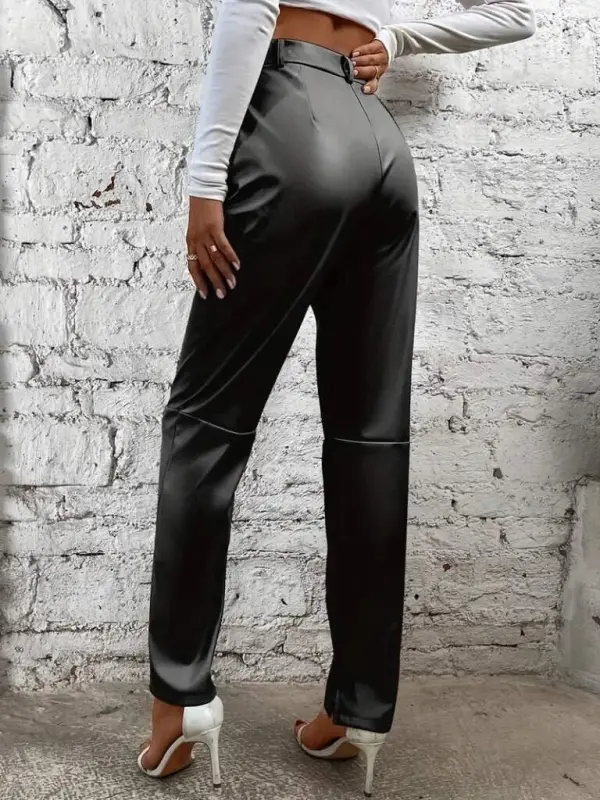 Women's High Waist Front Buttoned Leather Pants - BÜYÜKBEDENIZ