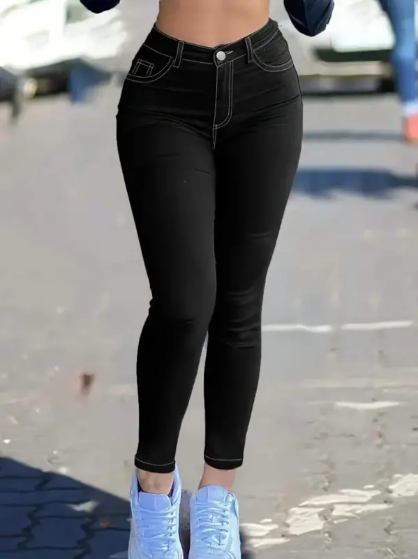 Women's High Waist Front Buttoned Slim Fit Jeans - 2