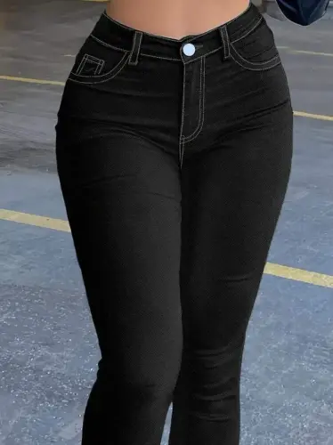 Women's High Waist Front Buttoned Slim Fit Jeans - 5