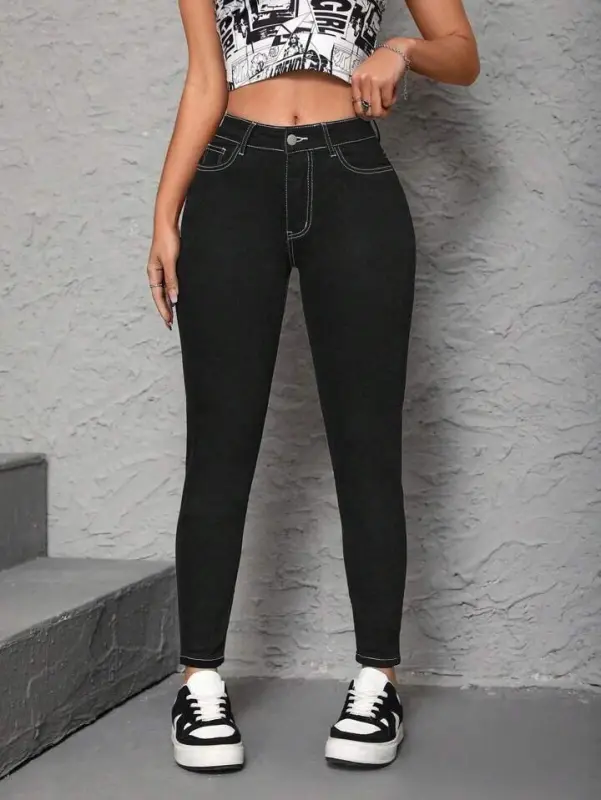 Women's High Waist Front Buttoned Slim Fit Jeans - 7