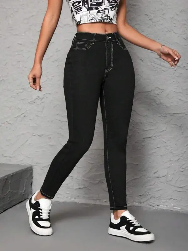 Women's High Waist Front Buttoned Slim Fit Jeans - 8