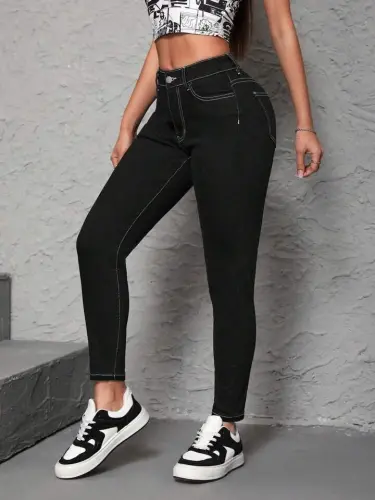 Women's High Waist Front Buttoned Slim Fit Jeans - 10