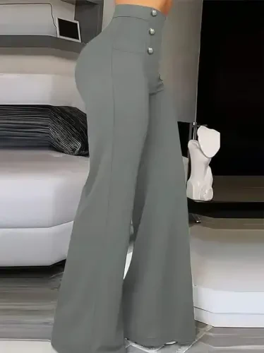 Women's High Waist Front Buttoned Wide Leg Imported Crepe Pants - BÜYÜKBEDENIZ (1)