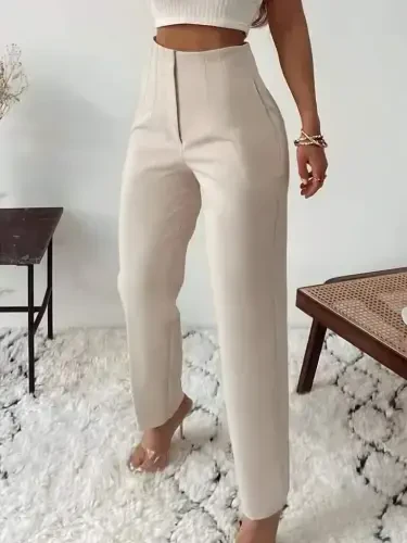 Women's High Waist Front Zippered Imported Crepe Pants - 3