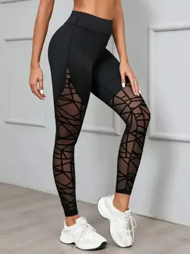 Women's High Waist Geometric Pattern Fishnet Detailed Scuba Leggings - 1