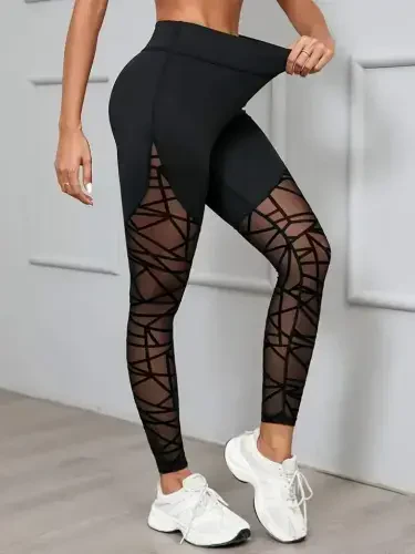Women's High Waist Geometric Pattern Fishnet Detailed Scuba Leggings - BÜYÜKBEDENIZ (1)