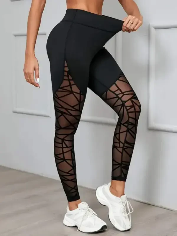Women's High Waist Geometric Pattern Fishnet Detailed Scuba Leggings - 2