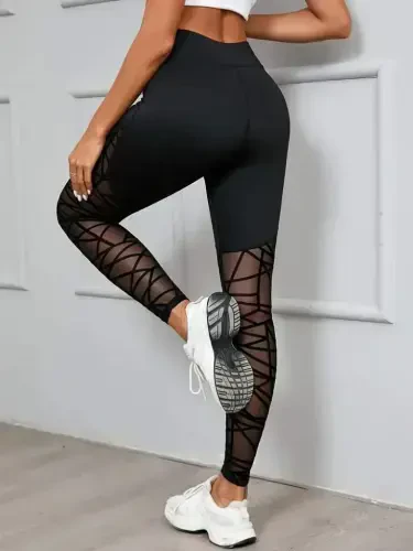 Women's High Waist Geometric Pattern Fishnet Detailed Scuba Leggings - 3