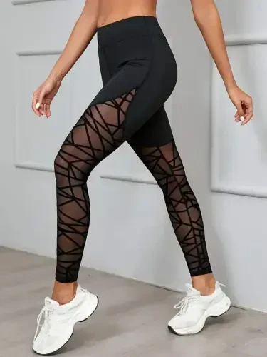 Women's High Waist Geometric Pattern Fishnet Detailed Scuba Leggings - 4