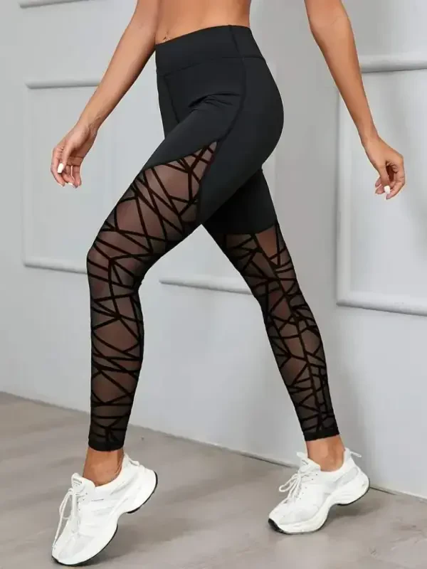 Women's High Waist Geometric Pattern Fishnet Detailed Scuba Leggings - 4
