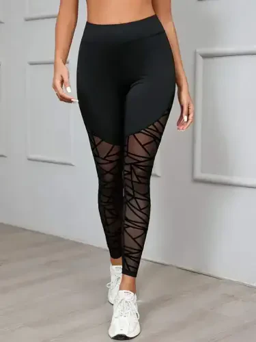 Women's High Waist Geometric Pattern Fishnet Detailed Scuba Leggings - 5