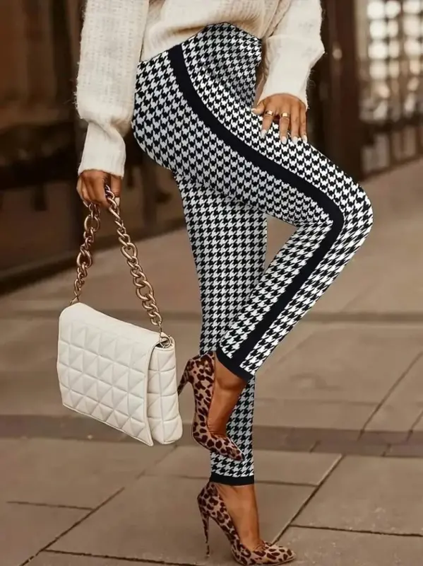 Women's High Waist Houndstooth Patterned Diver Pants with Side Stripes - 1