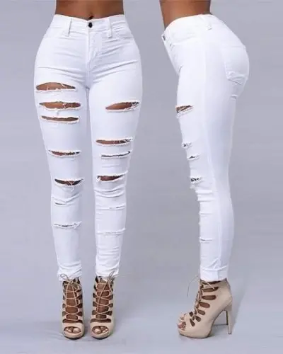 Women's High Waist Laser Ripped Patterned Jeans - 1