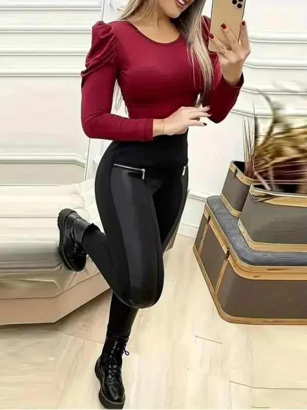 Women's High Waist Leather Detailed Zippered Scuba Leggings - 1