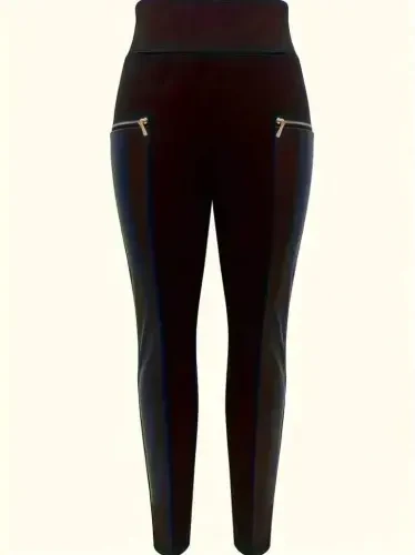 Women's High Waist Leather Detailed Zippered Scuba Leggings - 3