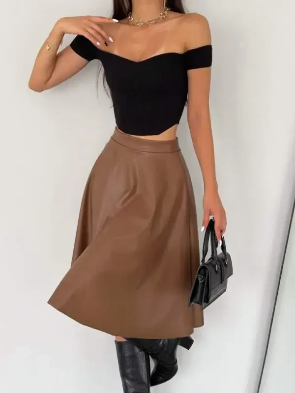 Women's High Waist Leather Flared Skirt - BÜYÜKBEDENIZ