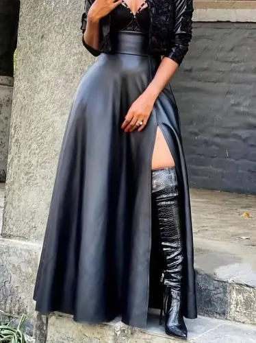 Women's High Waist Long Slit Leather Skirt - 3