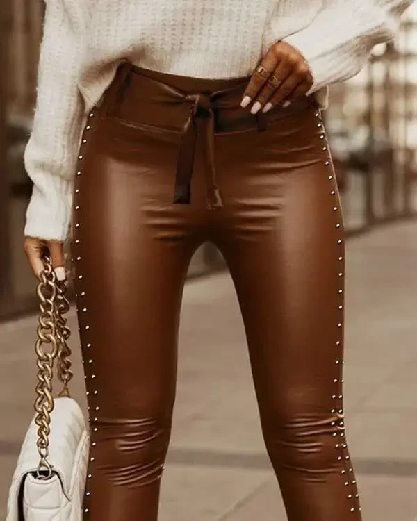 Women's High Waist Pearl Embellished Slit Detail Long Leather Leggings - 3