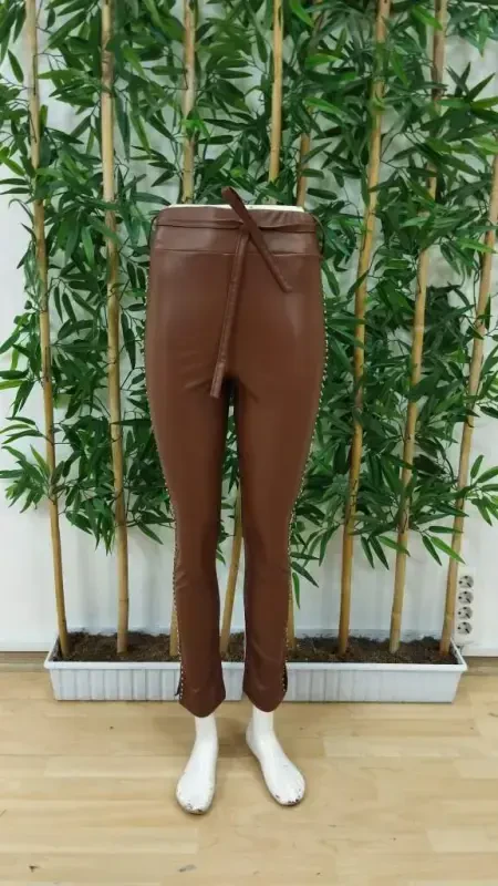 Women's High Waist Pearl Embellished Slit Detail Long Leather Leggings - 7
